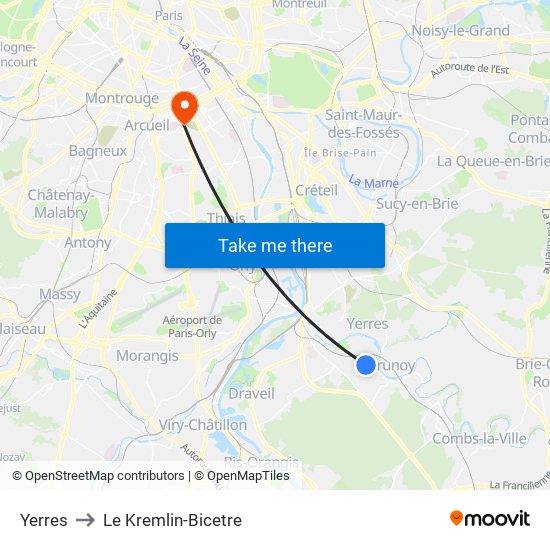Yerres to Le Kremlin-Bicetre map