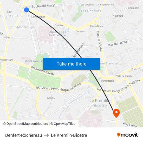 Denfert-Rochereau to Le Kremlin-Bicetre map