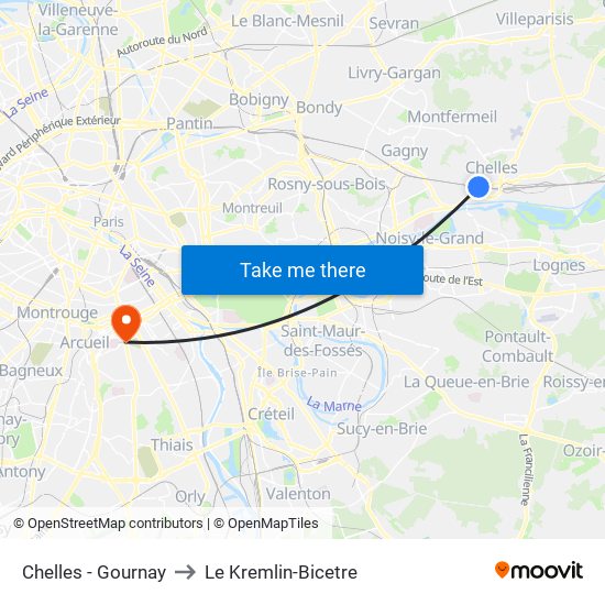 Chelles - Gournay to Le Kremlin-Bicetre map