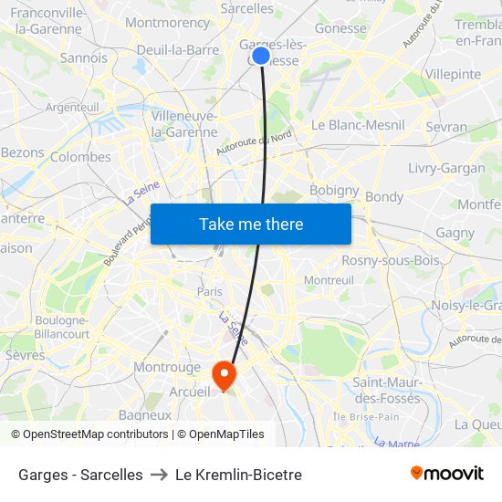 Garges - Sarcelles to Le Kremlin-Bicetre map