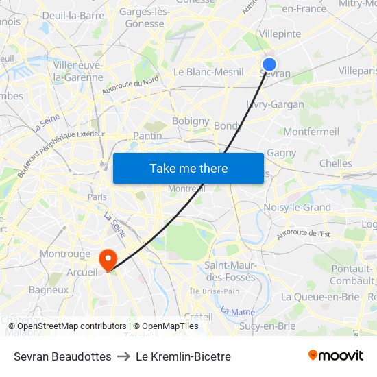 Sevran Beaudottes to Le Kremlin-Bicetre map