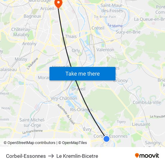 Corbeil-Essonnes to Le Kremlin-Bicetre map