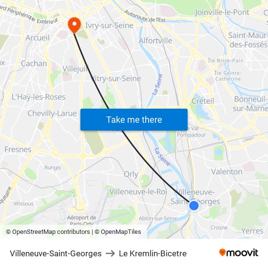 Villeneuve-Saint-Georges to Le Kremlin-Bicetre map