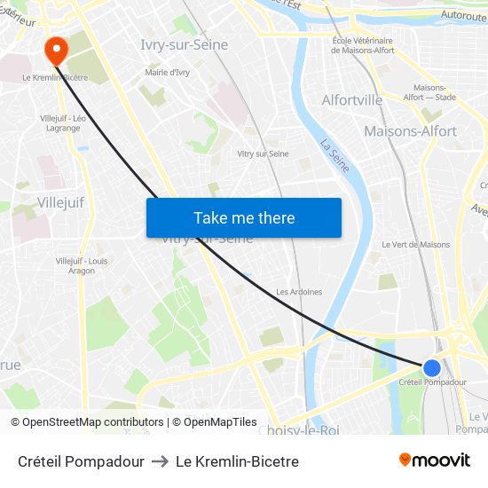 Créteil Pompadour to Le Kremlin-Bicetre map