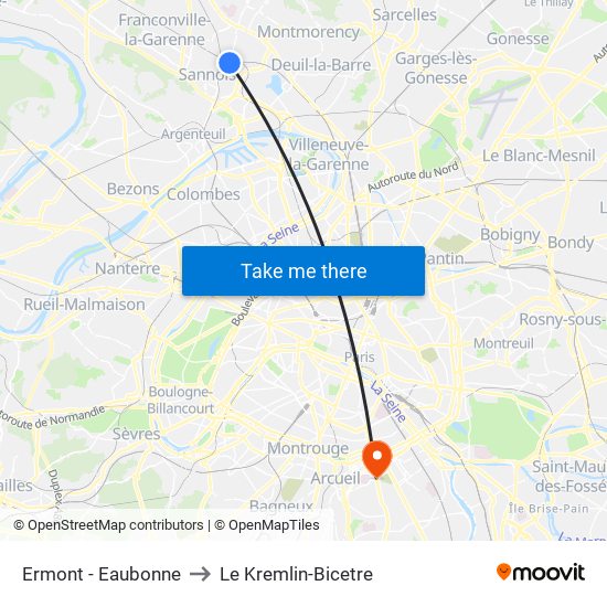 Ermont - Eaubonne to Le Kremlin-Bicetre map