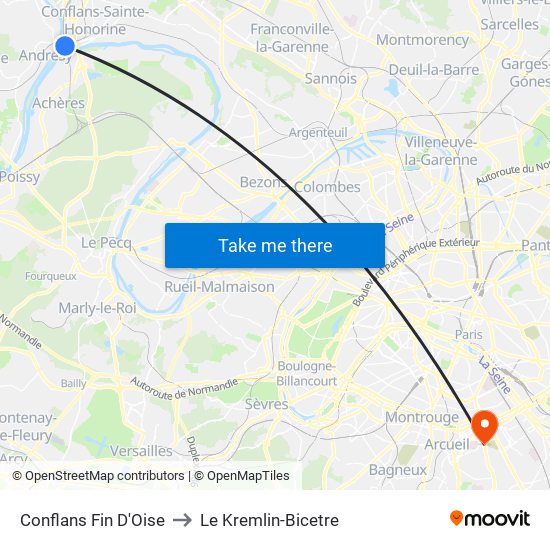 Conflans Fin D'Oise to Le Kremlin-Bicetre map