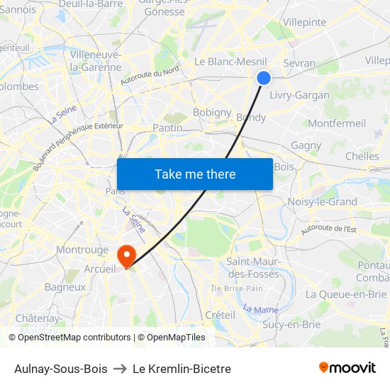 Aulnay-Sous-Bois to Le Kremlin-Bicetre map