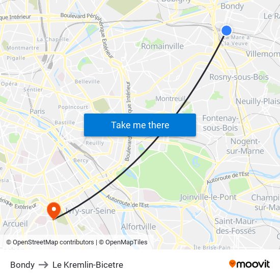 Bondy to Le Kremlin-Bicetre map