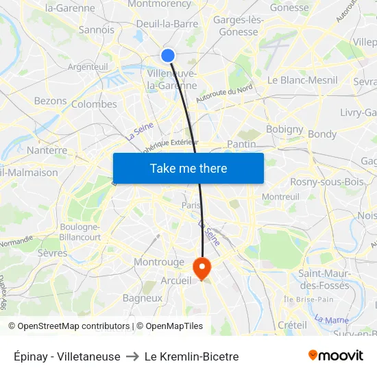 Épinay - Villetaneuse to Le Kremlin-Bicetre map