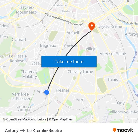Antony to Le Kremlin-Bicetre map