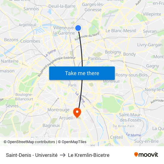 Saint-Denis - Université to Le Kremlin-Bicetre map