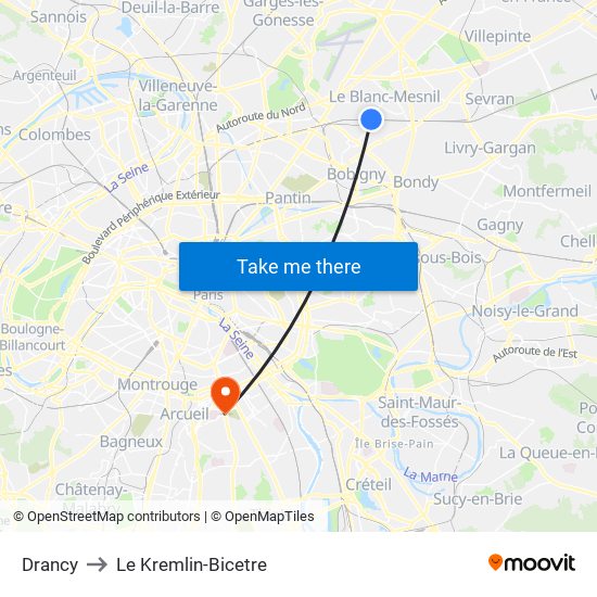 Drancy to Le Kremlin-Bicetre map