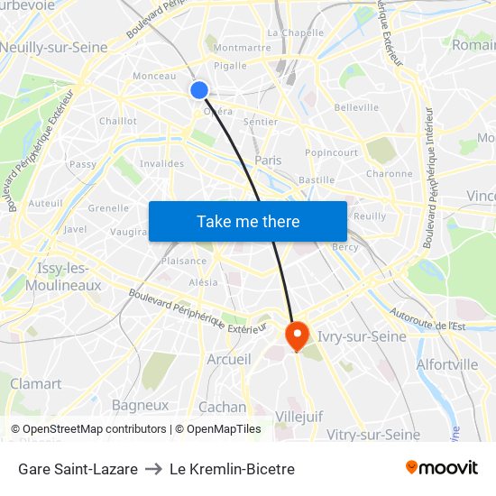 Gare Saint-Lazare to Le Kremlin-Bicetre map