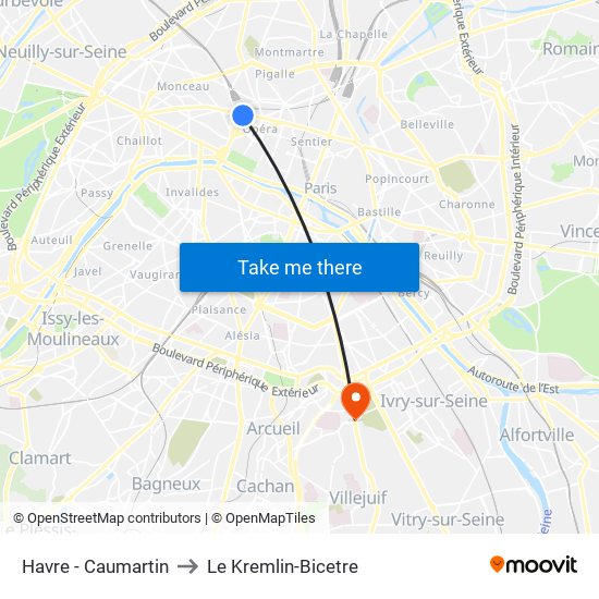 Havre - Caumartin to Le Kremlin-Bicetre map