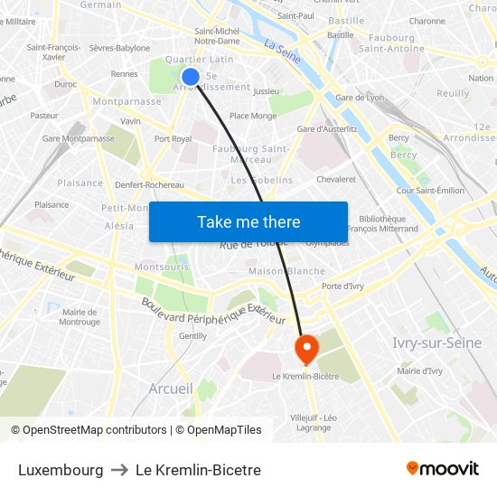 Luxembourg to Le Kremlin-Bicetre map