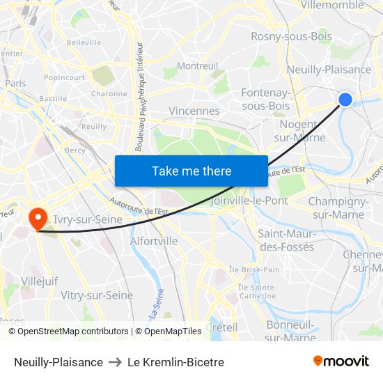 Neuilly-Plaisance to Le Kremlin-Bicetre map