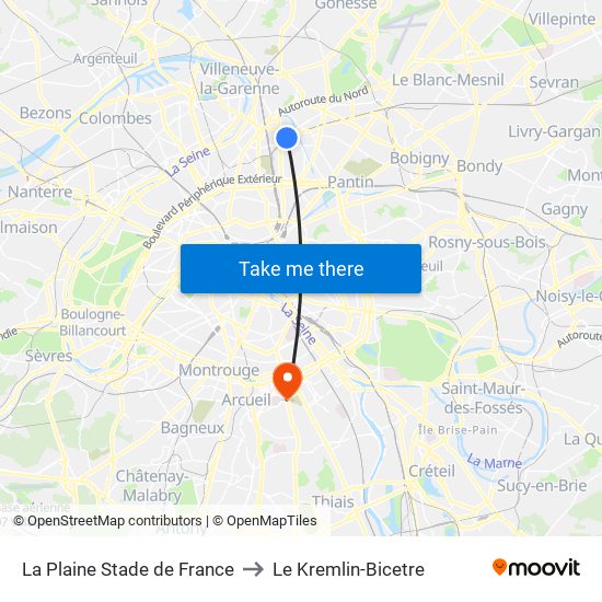 La Plaine Stade de France to Le Kremlin-Bicetre map