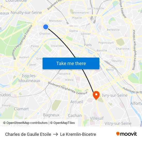 Charles de Gaulle Etoile to Le Kremlin-Bicetre map