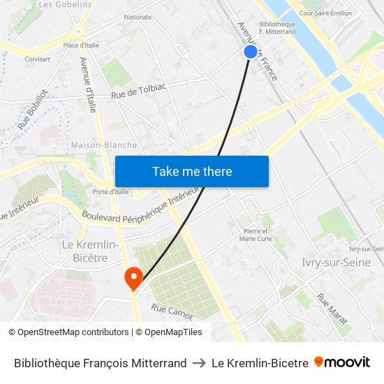 Bibliothèque François Mitterrand to Le Kremlin-Bicetre map