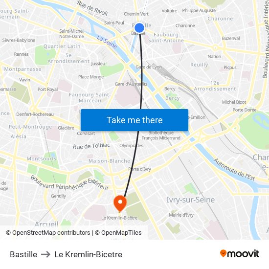 Bastille to Le Kremlin-Bicetre map