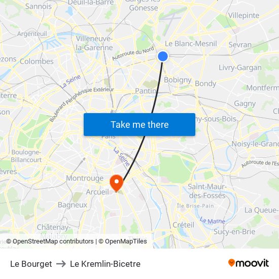 Le Bourget to Le Kremlin-Bicetre map