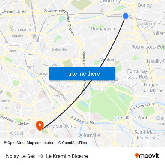 Noisy-Le-Sec to Le Kremlin-Bicetre map