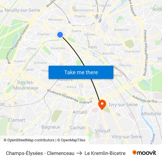 Champs-Élysées - Clemenceau to Le Kremlin-Bicetre map