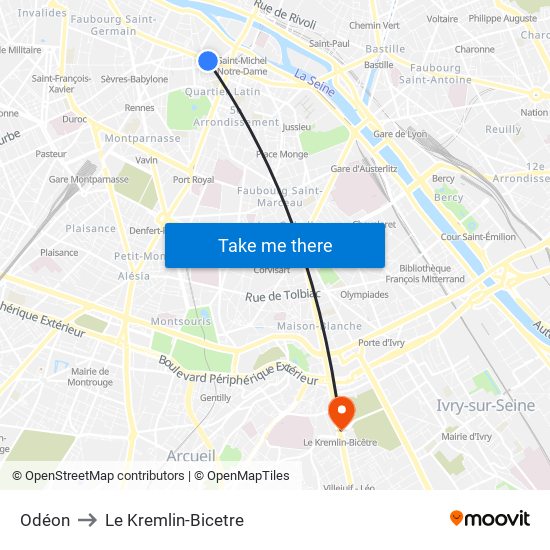 Odéon to Le Kremlin-Bicetre map