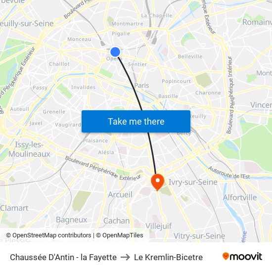 Chaussée D'Antin - la Fayette to Le Kremlin-Bicetre map