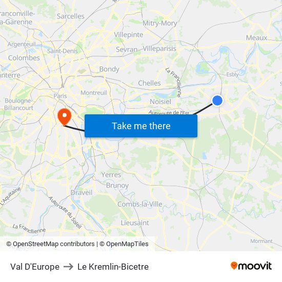 Val D'Europe to Le Kremlin-Bicetre map