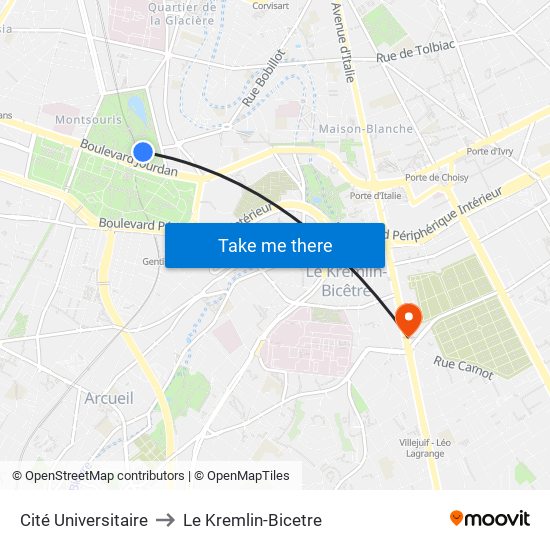 Cité Universitaire to Le Kremlin-Bicetre map