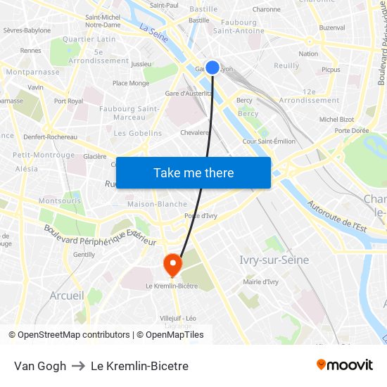 Van Gogh to Le Kremlin-Bicetre map