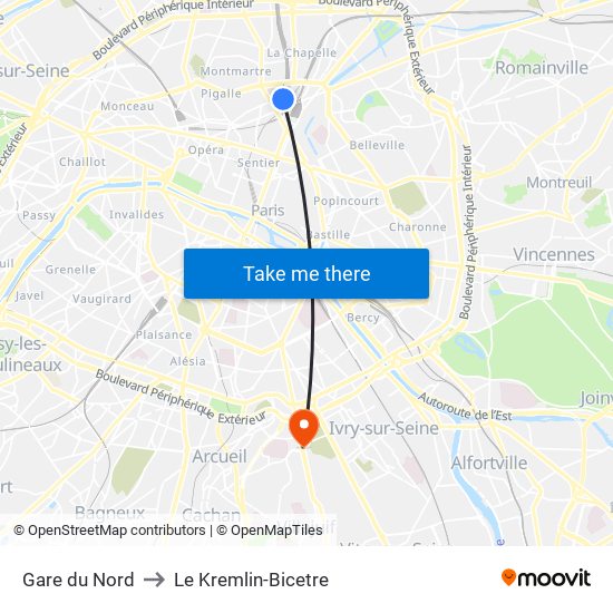 Gare du Nord to Le Kremlin-Bicetre map