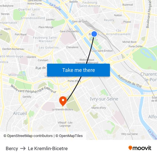 Bercy to Le Kremlin-Bicetre map