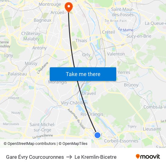 Gare Évry Courcouronnes to Le Kremlin-Bicetre map