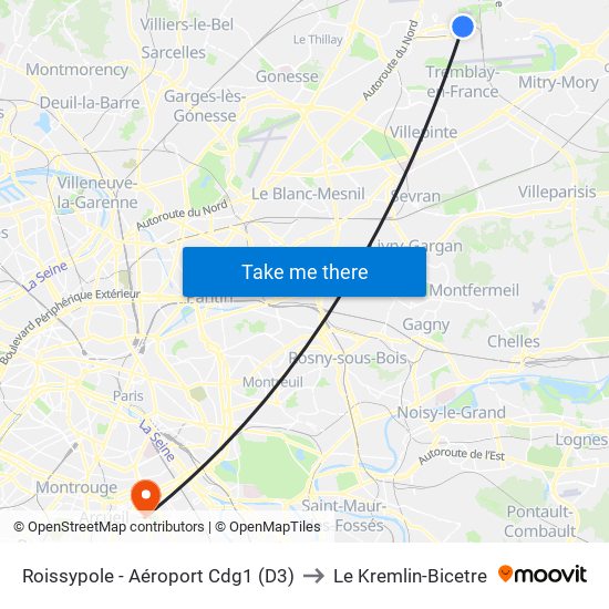 Roissypole - Aéroport Cdg1 (D3) to Le Kremlin-Bicetre map