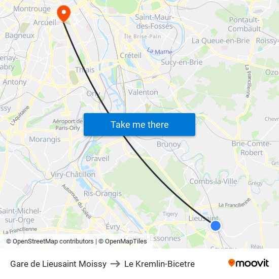 Gare de Lieusaint Moissy to Le Kremlin-Bicetre map