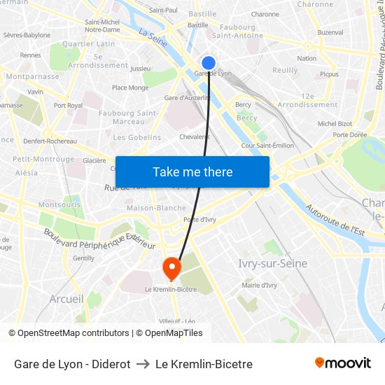 Gare de Lyon - Diderot to Le Kremlin-Bicetre map