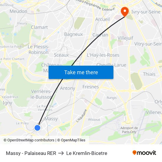 Massy - Palaiseau RER to Le Kremlin-Bicetre map