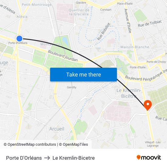 Porte D'Orléans to Le Kremlin-Bicetre map
