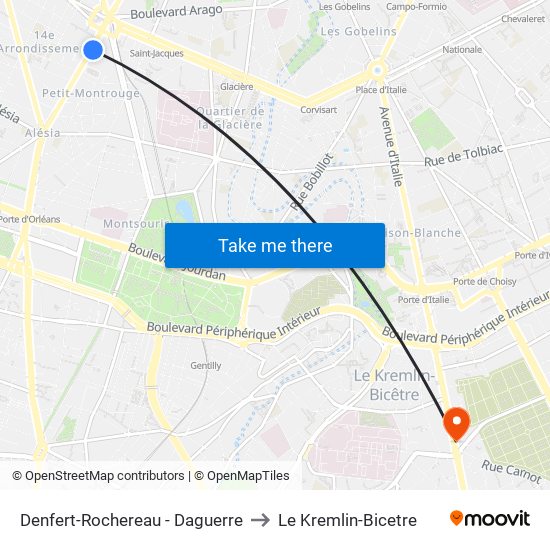 Denfert-Rochereau - Daguerre to Le Kremlin-Bicetre map