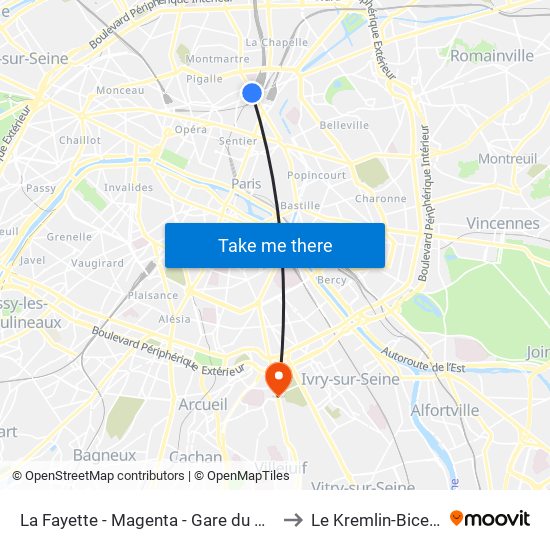 La Fayette - Magenta - Gare du Nord to Le Kremlin-Bicetre map