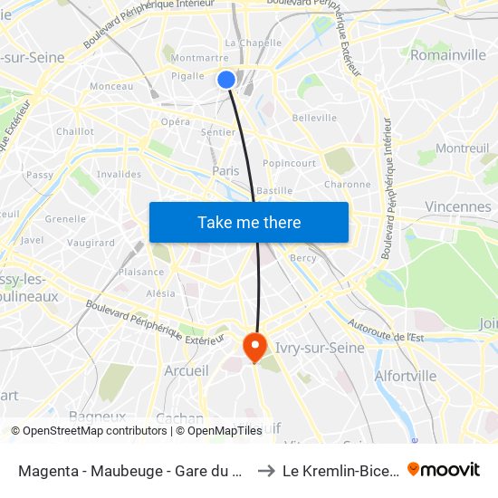 Magenta - Maubeuge - Gare du Nord to Le Kremlin-Bicetre map