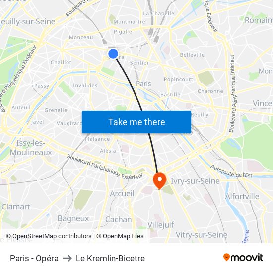 Paris - Opéra to Le Kremlin-Bicetre map