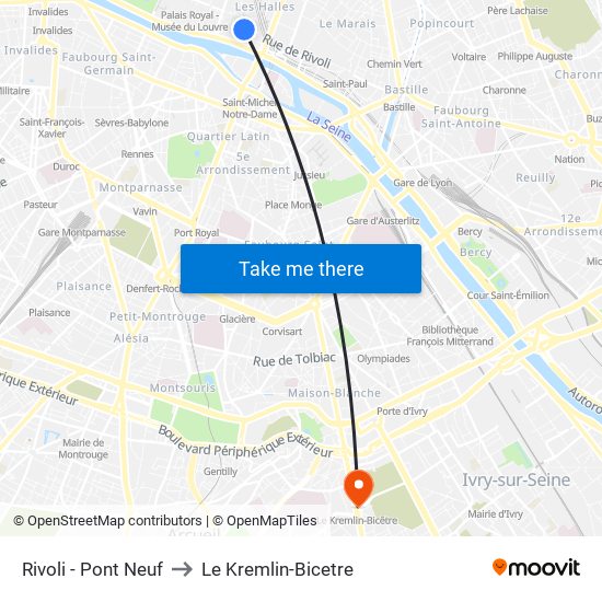 Rivoli - Pont Neuf to Le Kremlin-Bicetre map