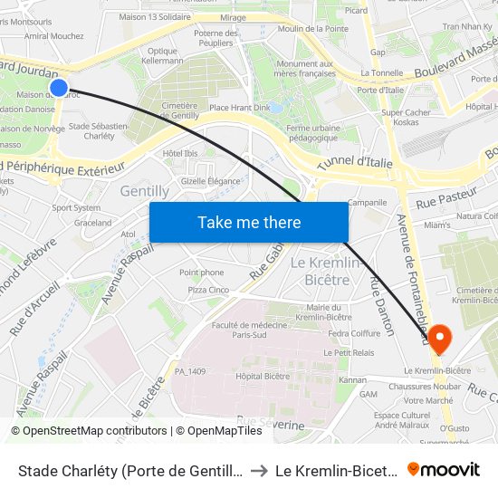 Stade Charléty (Porte de Gentilly) to Le Kremlin-Bicetre map
