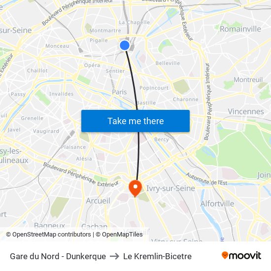 Gare du Nord - Dunkerque to Le Kremlin-Bicetre map