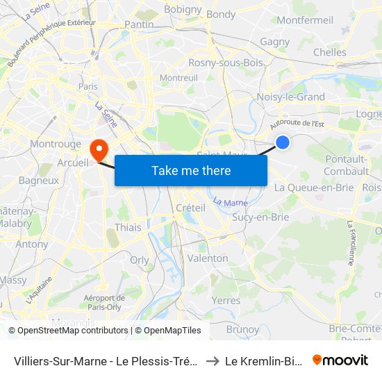 Villiers-Sur-Marne - Le Plessis-Trévise RER to Le Kremlin-Bicetre map