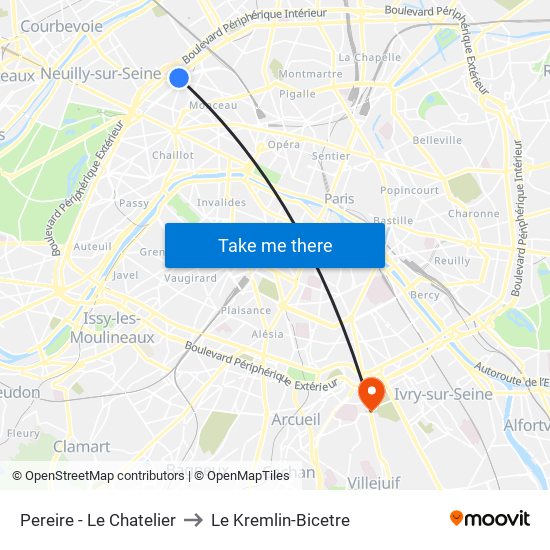 Pereire - Le Chatelier to Le Kremlin-Bicetre map
