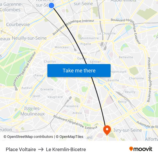 Place Voltaire to Le Kremlin-Bicetre map